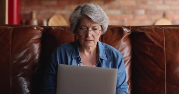 Oudere vrouw in bril werken op laptop gezeten op de bank — Stockvideo