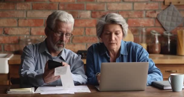 Mature spouses using e-bank on laptop, discussing family budget — Stock Video