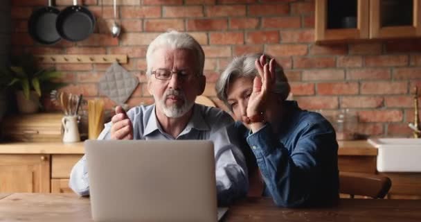 Esposos velhos usando laptop desfrutar de comunicação de chamada de vídeo com amigo — Vídeo de Stock