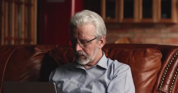 Anciano gris hombre de pelo celebrar las buenas noticias leído en el ordenador portátil — Vídeos de Stock