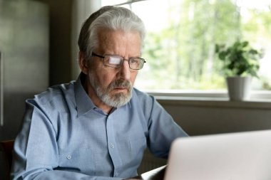 Bilgisayarı kullanarak odaklanmış, gözlüklü, olgun bir adamı kapat.