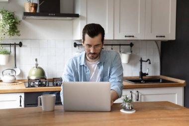 Yoğunlaşmış milenyum erkeği bilgisayarını kullanarak evden tele-iş yapıyor.