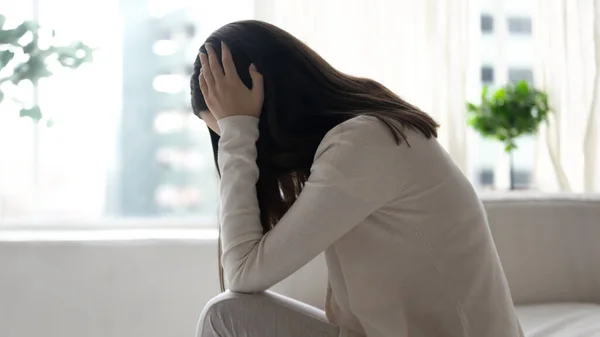 Unhappy woman feel sad suffer from anxiety — Stock Photo, Image