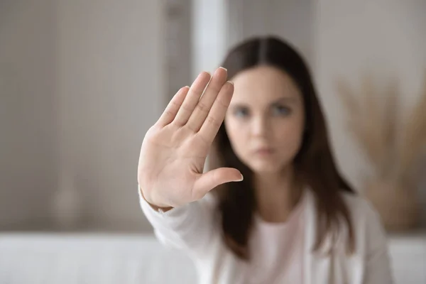 Close up of woman show stop hand gesture — Stock Photo, Image