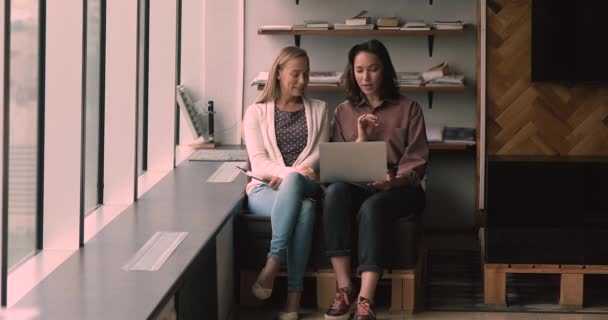 Duas senhoras de negócios criativas discutindo projeto on-line comum no computador. — Vídeo de Stock