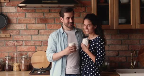 Pareja de pie en la cocina sosteniendo tazas disfrutar de una conversación agradable — Vídeos de Stock