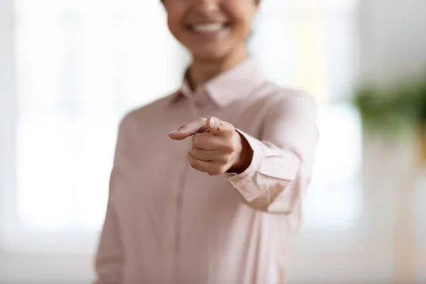 Hand of business woman pointing finger at camera — Stock Photo, Image