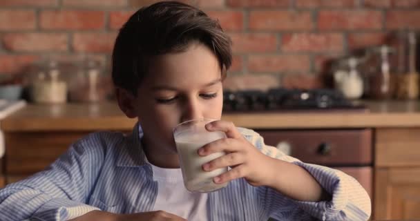 Kleine schoolgaande jongen die glas melk drinkt. — Stockvideo