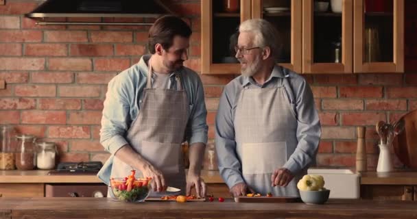 Glücklicher junger Mann genießt Kochen mit älterem Vater. — Stockvideo