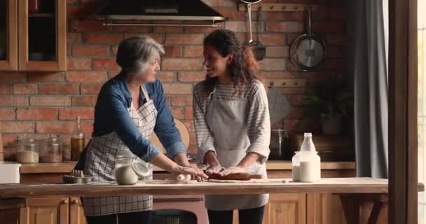 Mãe mais velha sua filha adulta preparando massa juntos na cozinha — Vídeo de Stock