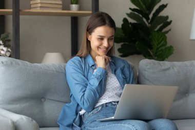 Gülümseyen genç bir kadın internette dizüstü bilgisayar kullanarak sörf yapıyor.