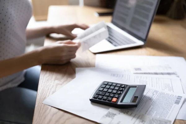 Close up of woman manage finances paying online — Stock Photo, Image