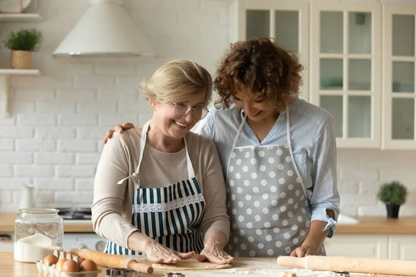 Yetişkin kız ve emekli anne fırın için birlikte para kazanıyorlar.