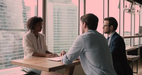 Confident skilled young african american woman attending job interview. — Stock Video