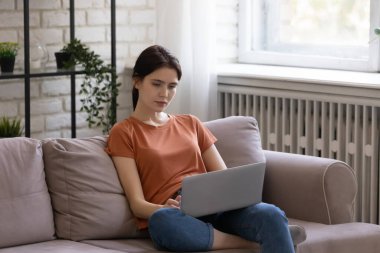 Odaklanmış genç bayan kanepeye otur ve dizüstü bilgisayarına mesaj yaz.