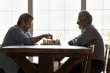 Mutlu yetişkin baba, yetişkin oğluyla satranç oynar.
