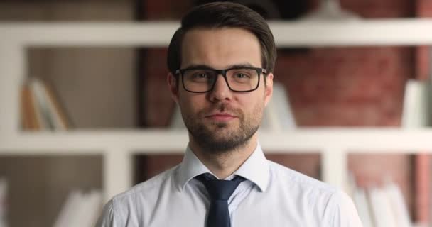 Headshot portret intelligent glimlachende uitvoerend manager poseren in het kantoor — Stockvideo