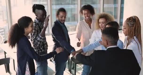 Heureux employés diversifiés faire un pour tous les gestes au bureau — Video