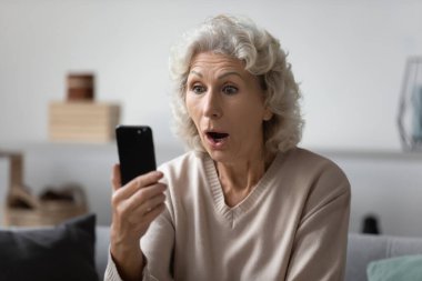 Şok olmuş yaşlı bir kadın akıllı telefona ağzı açık bakıyor.