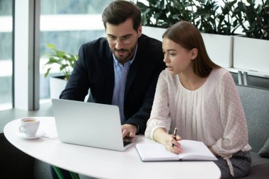 Çeşitli iş adamları ofiste dizüstü bilgisayarda birlikte çalışıyorlar.