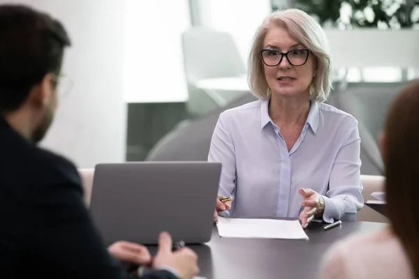 Successful middle-aged businesswoman talk with business partners — Stock Photo, Image