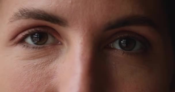 Mujer joven con hermosos ojos marrones grandes mirando a la cámara. — Vídeo de stock