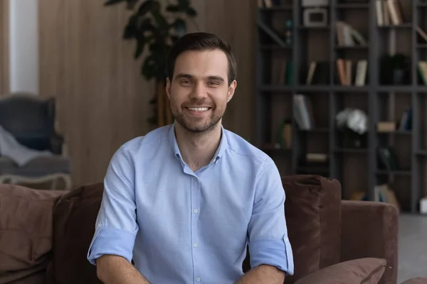 Portrait of happy man talk on video call — Stock Photo, Image