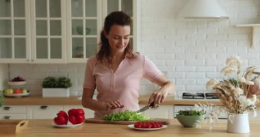 Gülümseyen, çekici, 30 'lu yaşlarda sağlıklı yemek hazırlayan bir kadın..