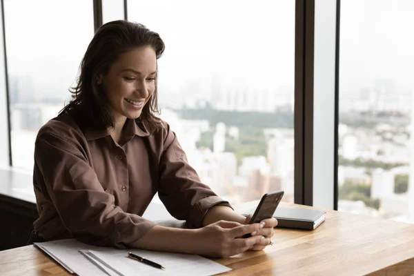 Smiling woman have webcam online call on cellphone — Stock Photo, Image