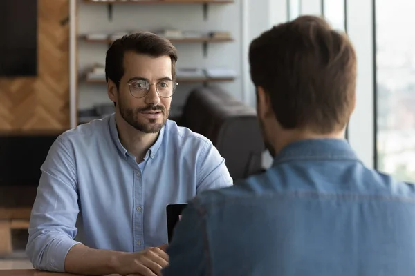 Male employee have meeting with colleague or partner — Stock Photo, Image