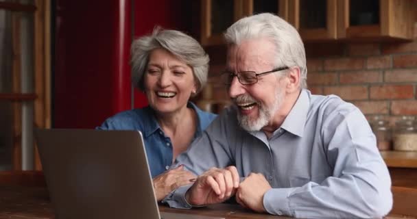 Lachen aufrichtig glücklich älteres Paar hält Videotelefonat. — Stockvideo