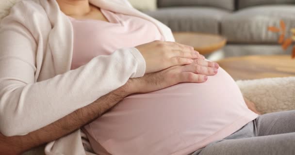 Муж и беременная жена положили руки на большой живот — стоковое видео