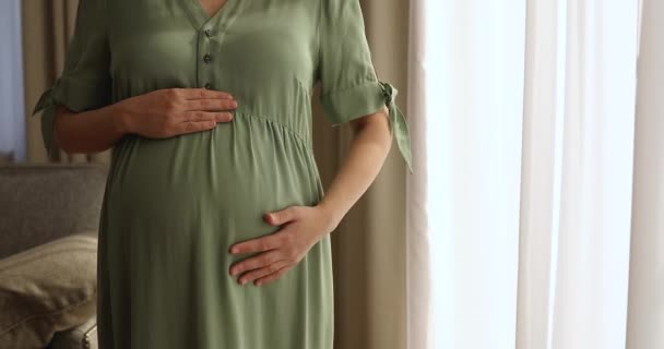 Abgeschnittener Körperteil Schwangere im Kleid streicht sich über den Bauch — Stockvideo
