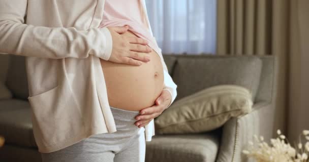 Femme enceinte debout intérieur coups son gros ventre nu, gros plan — Video