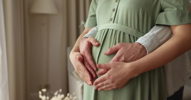 Hombre manos femeninas en el vientre embarazada, de cerca — Vídeos de Stock