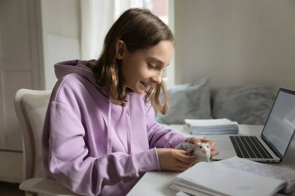 Smiling teen girl playing with domestic animal, sitting at table. — Stock Photo, Image