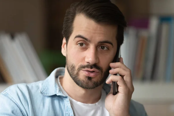 Head shot confident man talking on smartphone, making phone call — Stock Photo, Image