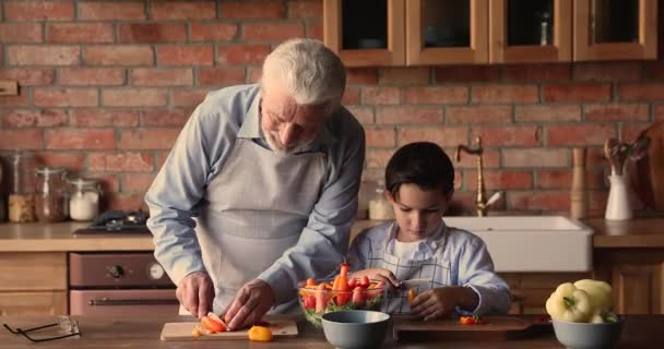 Yaşlı büyükbaba ve küçük torun mutfakta birlikte yemek pişiriyorlar. — Stok video