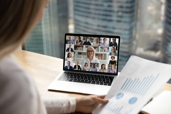 Diverse colleagues have online video zoom call on laptop — Stock Photo, Image