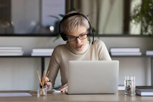 Caucasian businesswoman in headphones have webcam conference — Stock Photo, Image