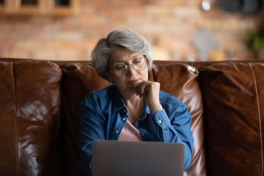 Kanepede dizüstü bilgisayarla oturan düşünceli olgun bir kadın.