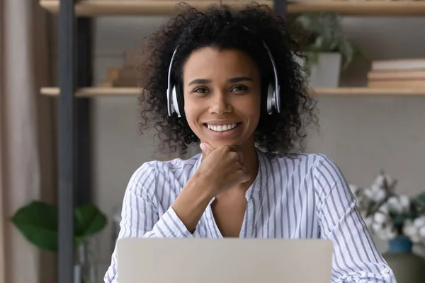 Portrait of biracial female in headphones have webcam call — Stock Photo, Image