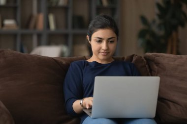 Odaklanmış Hintli kadın uzaktan çalışan bilgisayar kullanarak çevrimiçi iş yapıyor