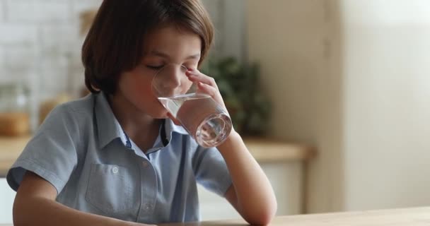 Rustig jongetje dat glas vasthoudt en stilstaand water drinkt — Stockvideo