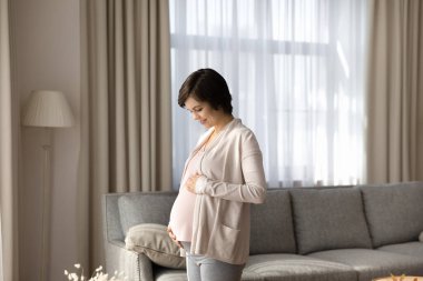 Gülümseyen hamile kadın karnına dokunuyor, hamileliğin tadını çıkarıyor, evde dikiliyor.