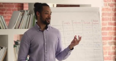 Konsantre genç Afrikalı Amerikan öğretmeni İngilizce gramerini açıklıyor.