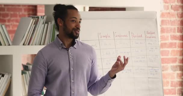 Concentrated young african american teacher explaining English grammar. — Stock Video