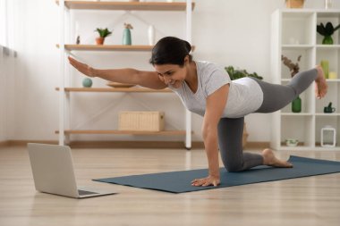 Smiling Indian woman train online using laptop