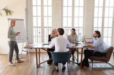 Çeşitli çalışanlar toplantıda orta yaşlı iş kadınlarını dinliyor