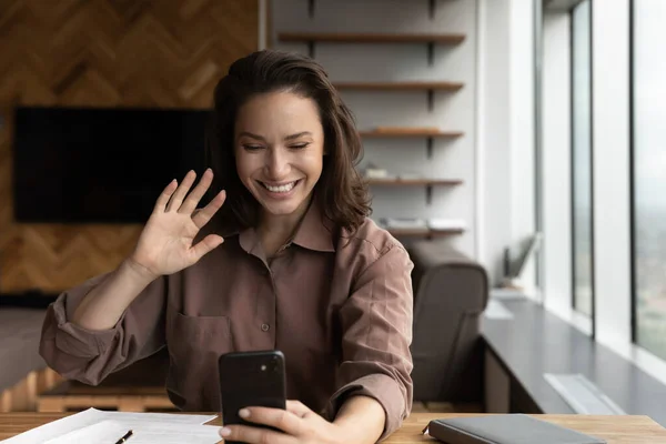 Joyful candid young business woman starting video call talk. — Stock Photo, Image